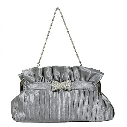 Evening Bag - 12 PCS - Pleated Satin w/ Rhinestone Bow - Gray - BG-92288GY